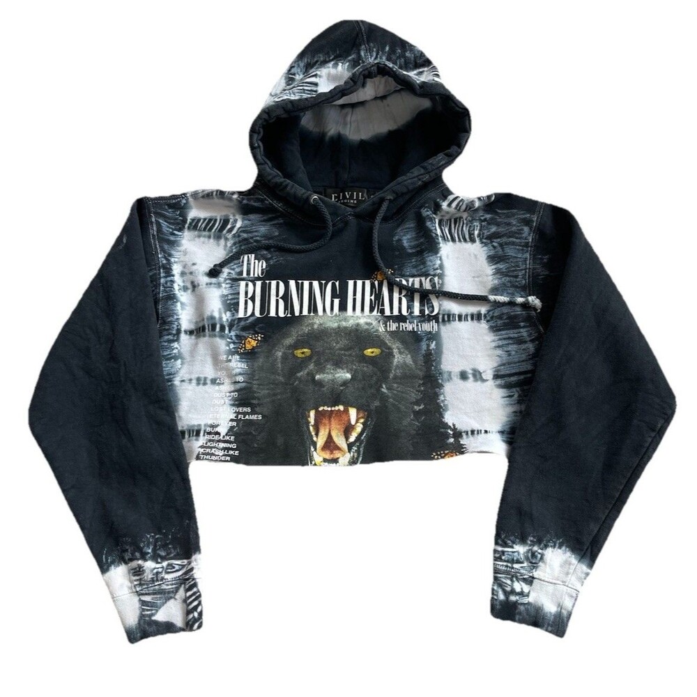 Civil Regime Burning Hearts Cropped Hoodie Graphic Tie Dye Black White Size S